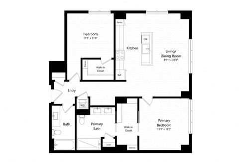 Floor plan for 2 beds, 2 baths, 1164 sqft